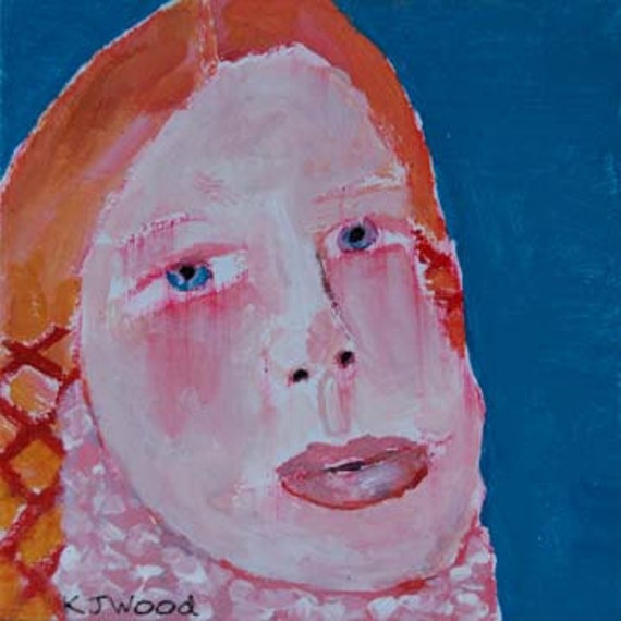 Acrylic Portrait Painting, Yellow Braids, Pink Cowl, Young Girl, Blue Eyes, Close up Face, Slate Blue, 4x4 mini art chipboard