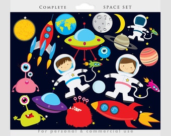 Space clipart - astronaut clip art, UFOs, aliens, spaceships, rockets, planets, Earth, moon, for personal and commercial use