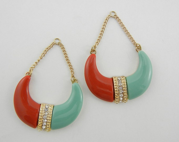 Pair of Tribal Crescent Horn Shaped Drop Charms Red and Turquoise Acrylic with Chains Rhinestones