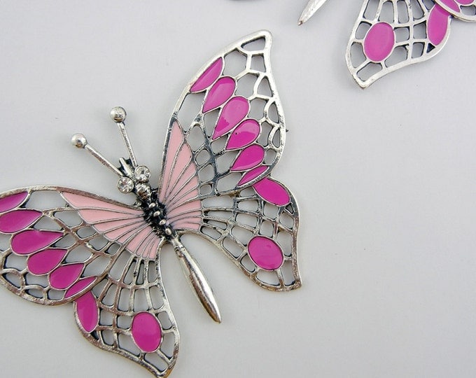 Large Silver-tone Butterfly Pendants Pink Epoxy Rhinestone Eyes