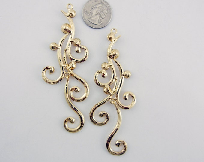 Pair of Long Swirly Drop Charms Gold-tone Red Rhinestones