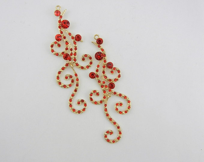 Pair of Long Swirly Drop Charms Gold-tone Red Rhinestones