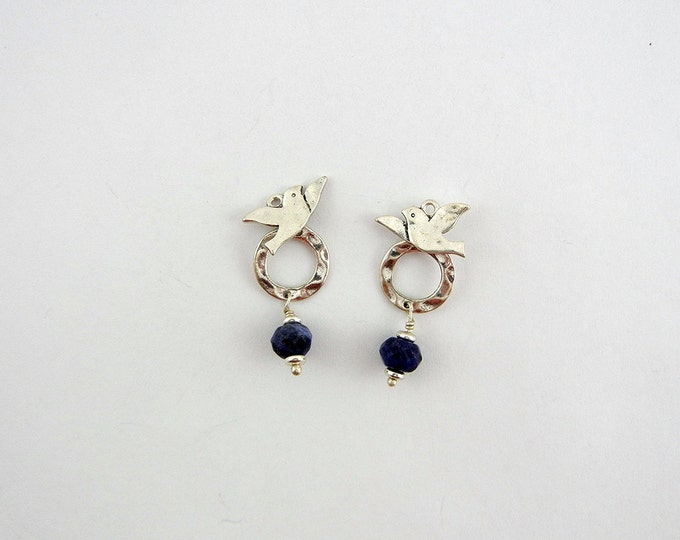 Pair of Hammered Silver-tone Dove Charms with Faceted Blue Glass Bead Drop