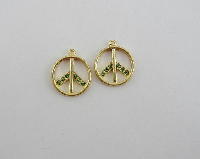 Pair of Green Rhinestone Peace Signs Matte Gold-tone Peace Sign Charms