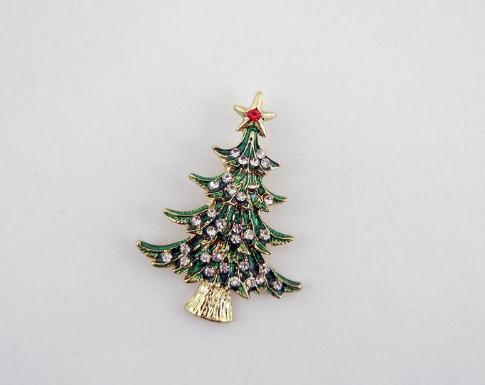 Gold-tone Christmas Tree Pendant with Green Epoxy Rhinestones