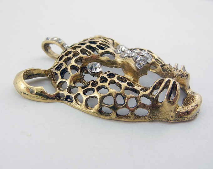 Open Work Filigree Leopard Head Pendant Antique Gold-tone Rhinestones