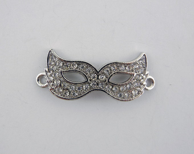 Small Double Link Silver-tone Mask Charm with Rhinestones