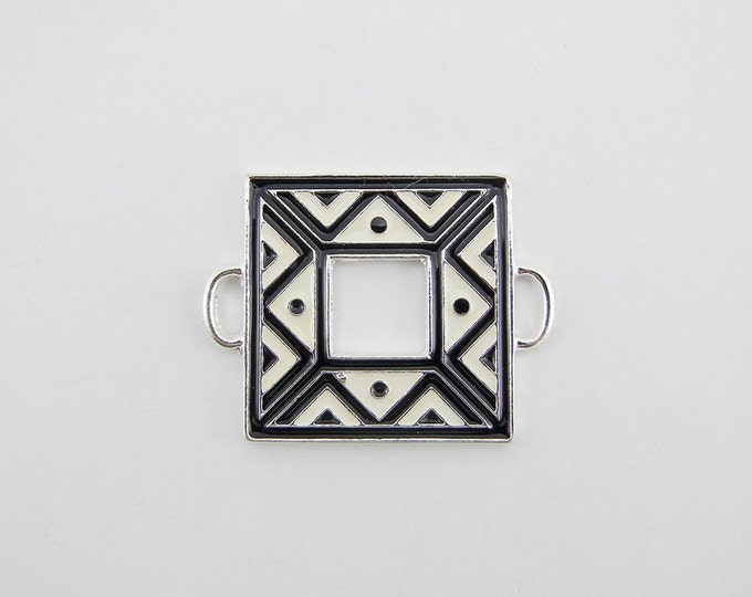 Square Silver-tone Black and White Epoxy Side Charm