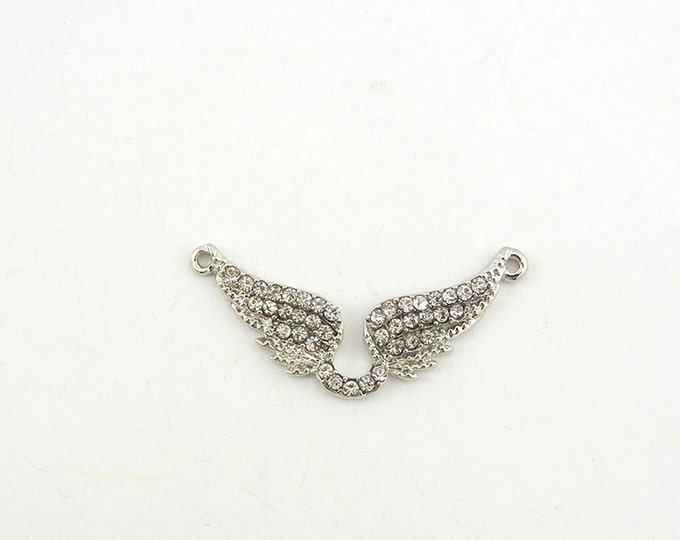 Small Rhinestone Double Link Wings Pendant Silver-tone