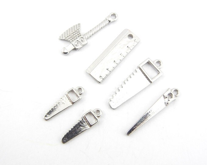 Set of Tool Charms, Saws, Axe, Ruler Silver-tone