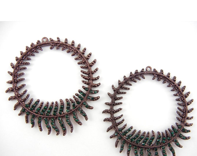 Pair of Feather or Leaf like Hoop Charms Dark Copper-tone Round Green Rhinestones