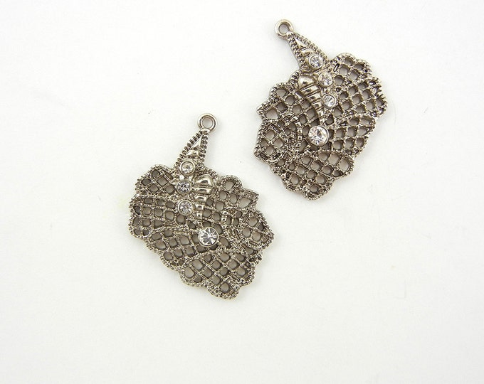 Antique Silver-tone Cross Hatch Leaf Charms Rhinestones Pair