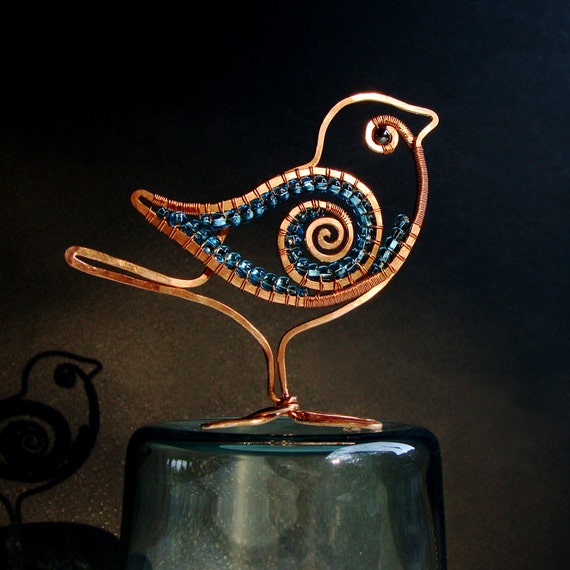 Flat Bird Copper Wire Sculpture Blue Beads Wire Wrapped