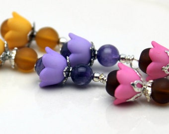 3 Pair of Baby Bell Lucite Flower Bead Dangle Charm Drop Sets In Purple Pink and Orange