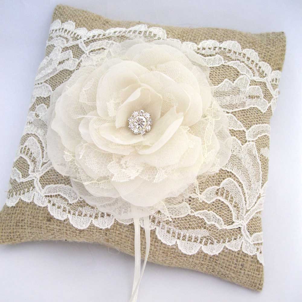 Rustic Wedding Ring Pillow Bearer Pillow in Burlap and Lace