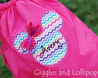 Girls personalized Disney Mickey minnie Mouse backpack cinch sak purple chevron disney at easter