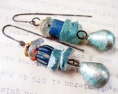 Wind and Water. Cotton pearl, roman glass, apatite gemstone, trade beads rustic gypsy assemblage earrings.