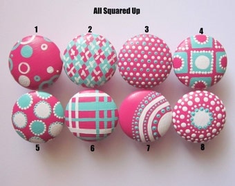 Set of 4-Bright Pink-Aqua-White Drawer Knobs- Mix and Match-You choose which designs