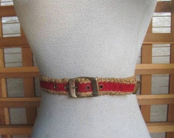 Ladies 50s RED CORDUROY And JUTE Belt 1950s Waist 24 to 27 Inches
