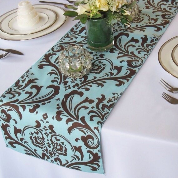 Traditions Blue and Brown Damask Table Runner Wedding Table
