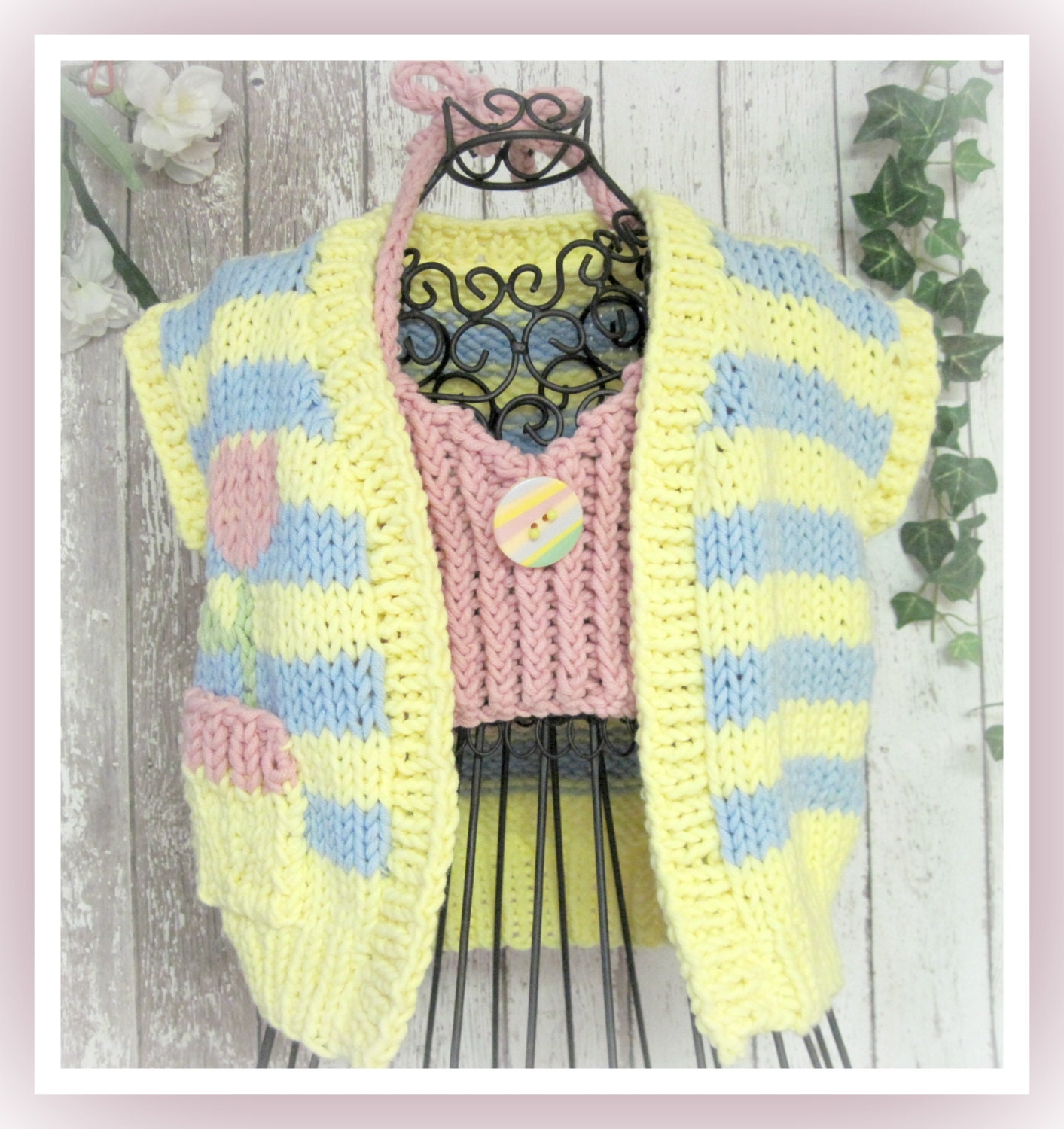 Knitting Pattern Child Flower Sleeveless Cardigan with Halter