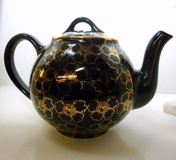 Vintage HALL Black Teapot Gold Flower by VintageStarrBeads on Etsy