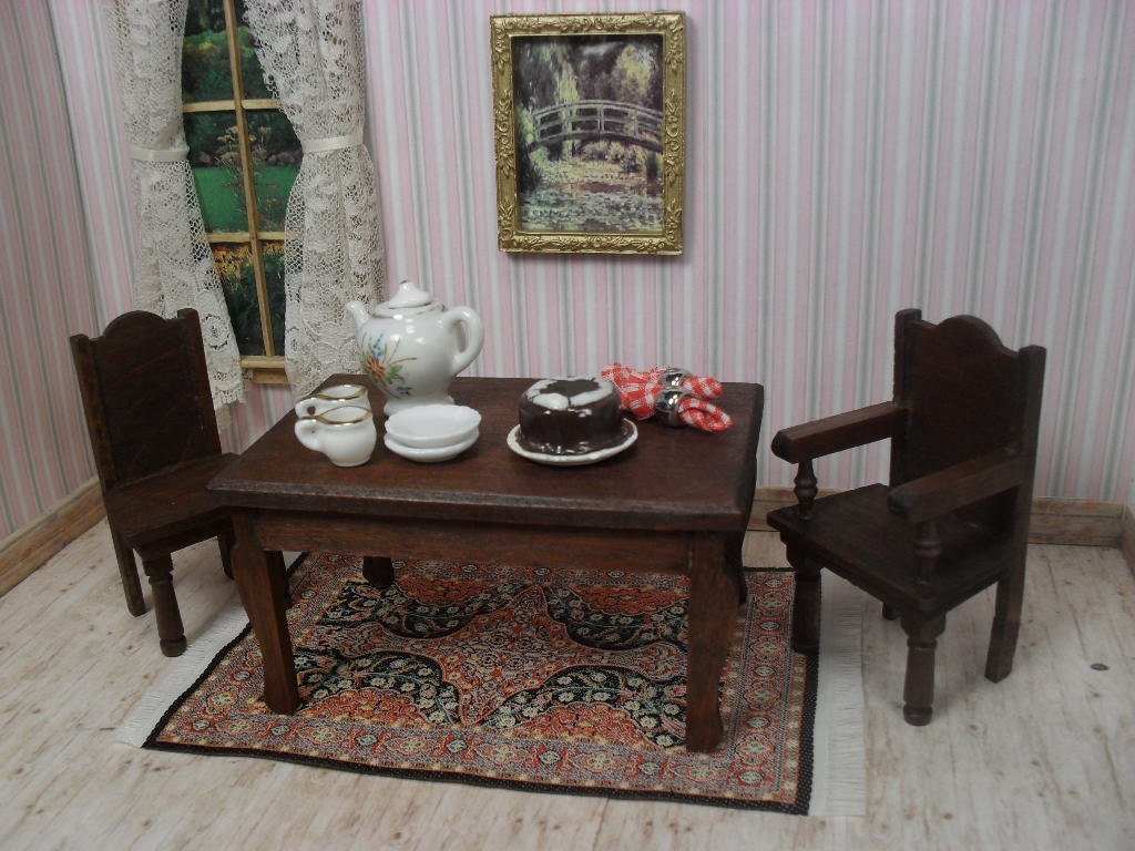Red Stain Dining Room Furniture for Doll House Table and Two Chairs Made in Germany 1920