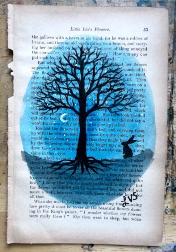 Original Acrylic Painting Old Book Page art Rabbit