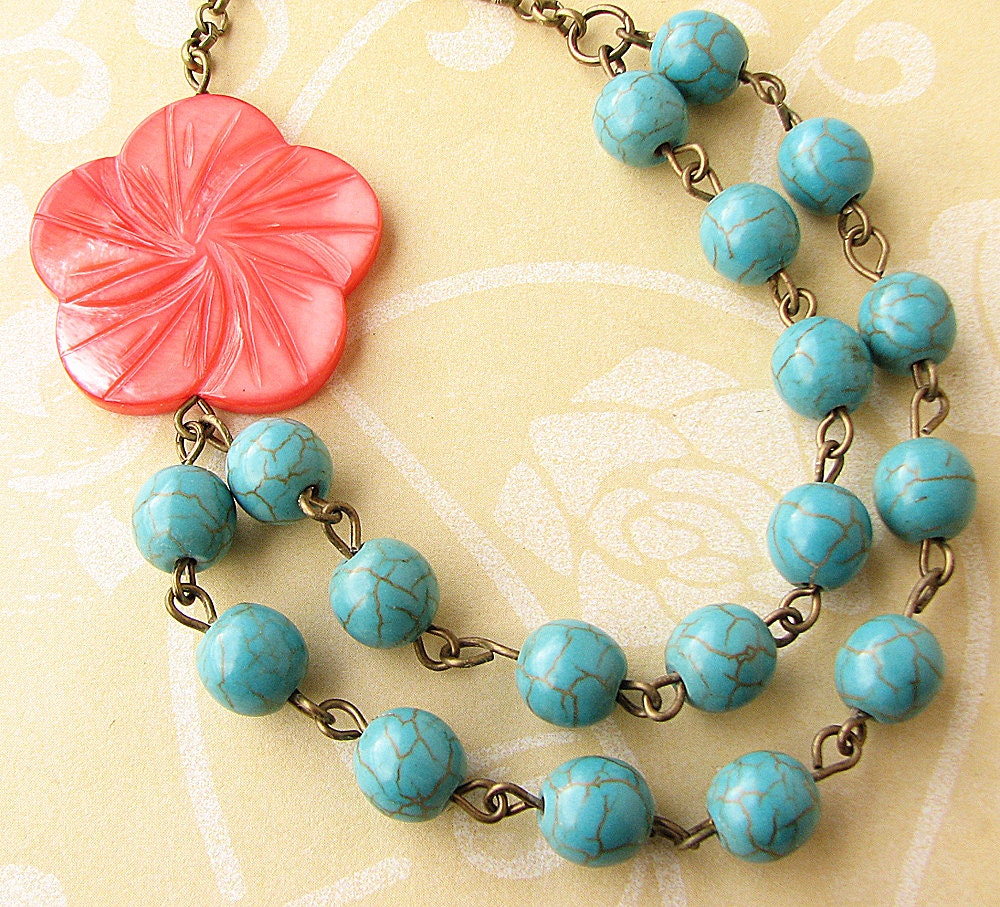 Flower Necklace Turquoise Jewelry Coral Necklace Statement