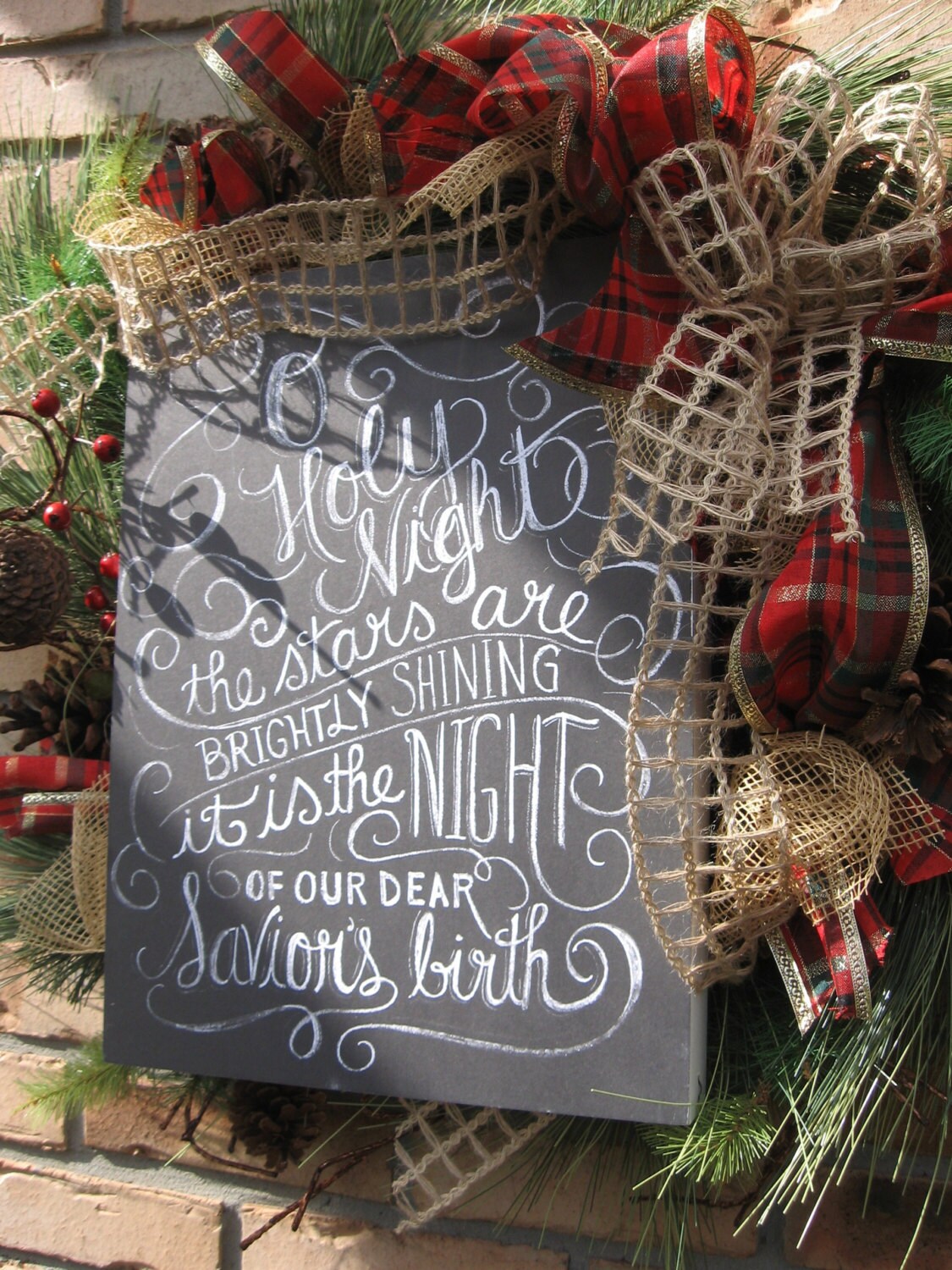 O HOLY NIGHT chalkboard sign wreath realistic pine