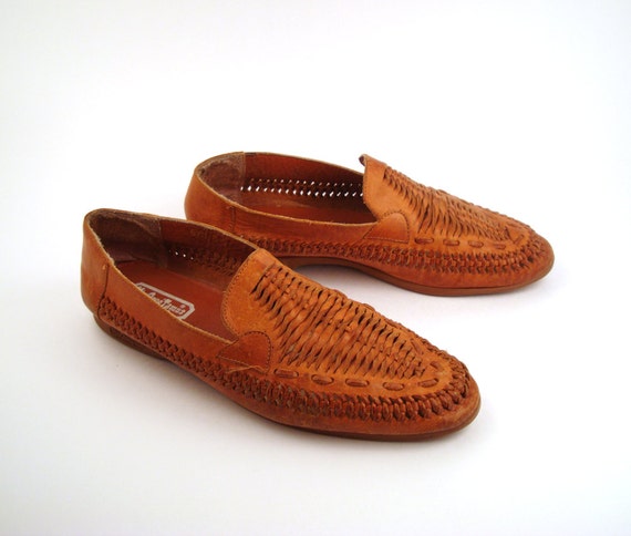 Woven Leather Loafers Vintage 1970s Hipoppotamus Brown Shoes
