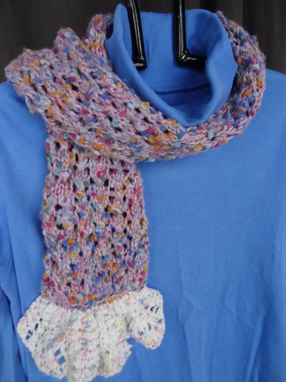 Knitted Acrylic Scarf with Decorative Cotton Ruffle