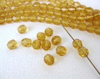Vintage Beads Topaz Glass Gold Faceted Transparent Czech Round 6mm vgb0670 (30)