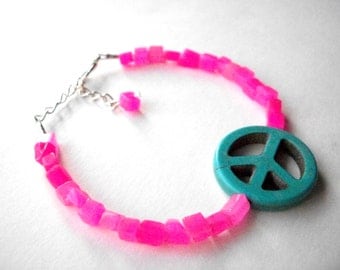 Peace sign bracelet, hot pink quartz turquoise magnesite peace sign adjustable gemstone bracelet with silver chain, hippie jewelry