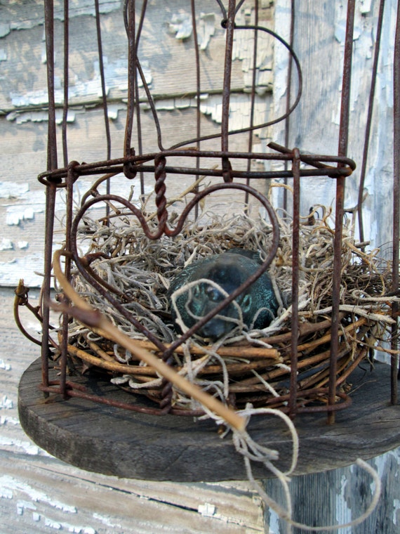 Antique Primitive Decorative Wire Bird cage With Bird and Nest