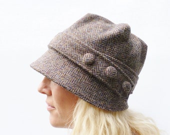 Harris Tweed Cloche Hat - Multi Autumnal Colour Herringbbone, Women's Hat, Fabric Hat, Wool Hat