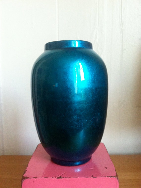 Metallic teal lacquer wood vase