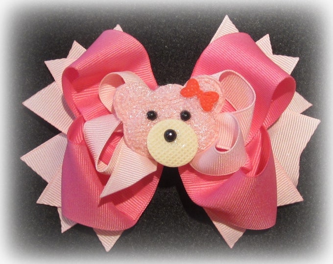 Boutique Hairbows, Girls Bows, Fuzzy Bear Bow, Baby Bear Headband, Boutique Girls Bows, Pink Hair Bow, Layered Bows, Stacked Bow, Bear Band