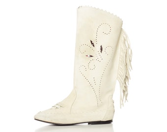 Cutout Leather Boots White Suede Fringe Boots 80s Moccasins Western ...