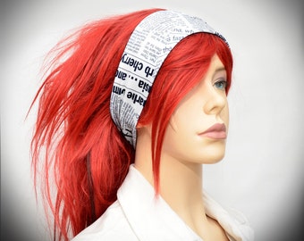 Black and white newspaper print stretchy headband head scarf - hair scarf