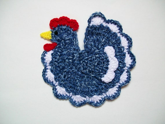 Items similar to Crochet Blue Chicken Rooster Farm Animal Pot Holder ...