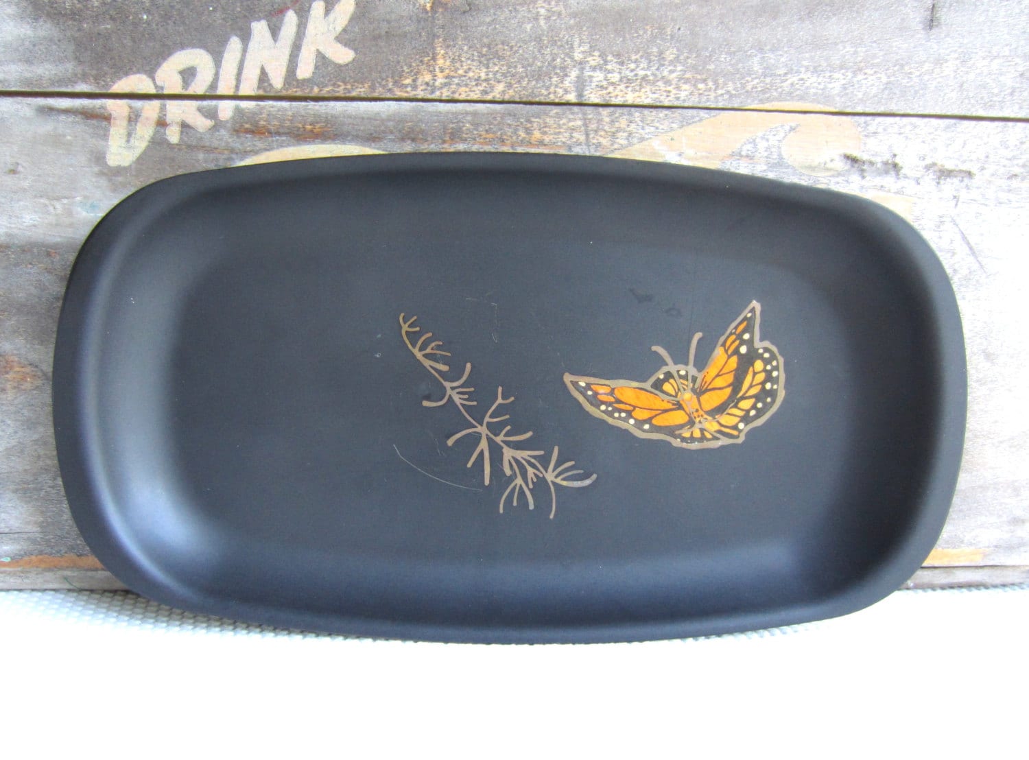 Vintage Couroc Black Lacquer Tray with Monarch Butterfly Inlay Design