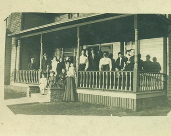 Antique RPPC Family Standing on Front Porch Victorian House Real Photo Postcard Vintage Black and White Photograph