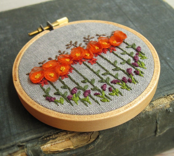 Orange Poppy Garden Embroidery Hoop Wall Art