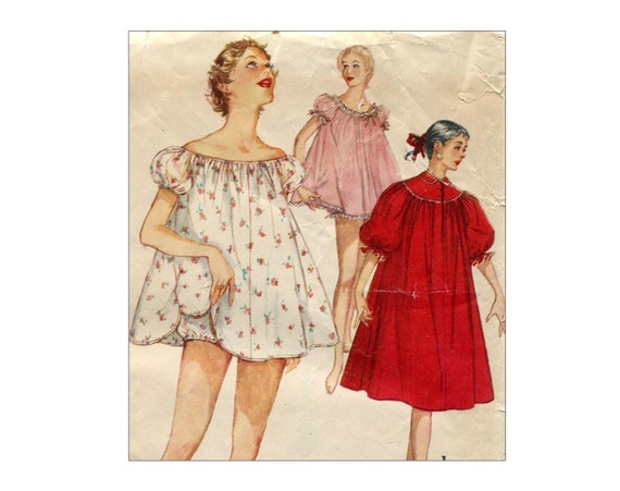 Vintage 1950s Baby Doll Pajamas Sewing Pattern Round Yoke Nightgown or ...