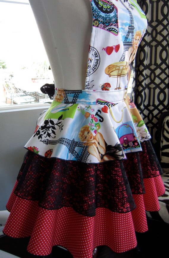 Diva Apron Vintage Paris Print Apron. Red dots.