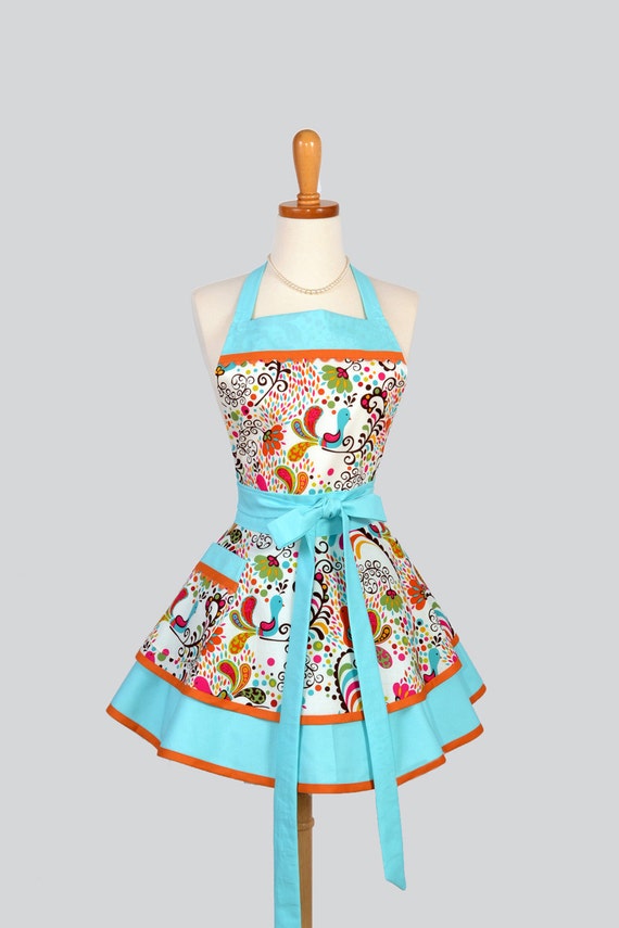 Ruffled Retro Apron Handmade Flirty Full Womens Apron in