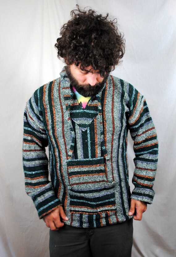 Vintage 1980s Striped Pullover Baja Drug Rug Hoodie