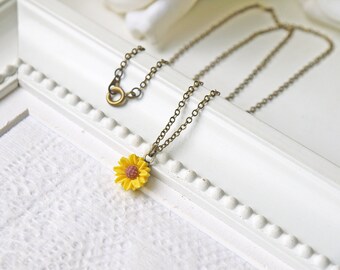 Sunflower Necklace Simple Everyday Antique Brass Necklace Dainty Adorable Petite