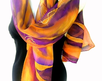 Hand Painted Silk Scarf, Purple Golden Yellow Orange, Abstract Floral Design, 71" Long Scarf, Silk Chiffon Scarf, CUSTOM ORDER